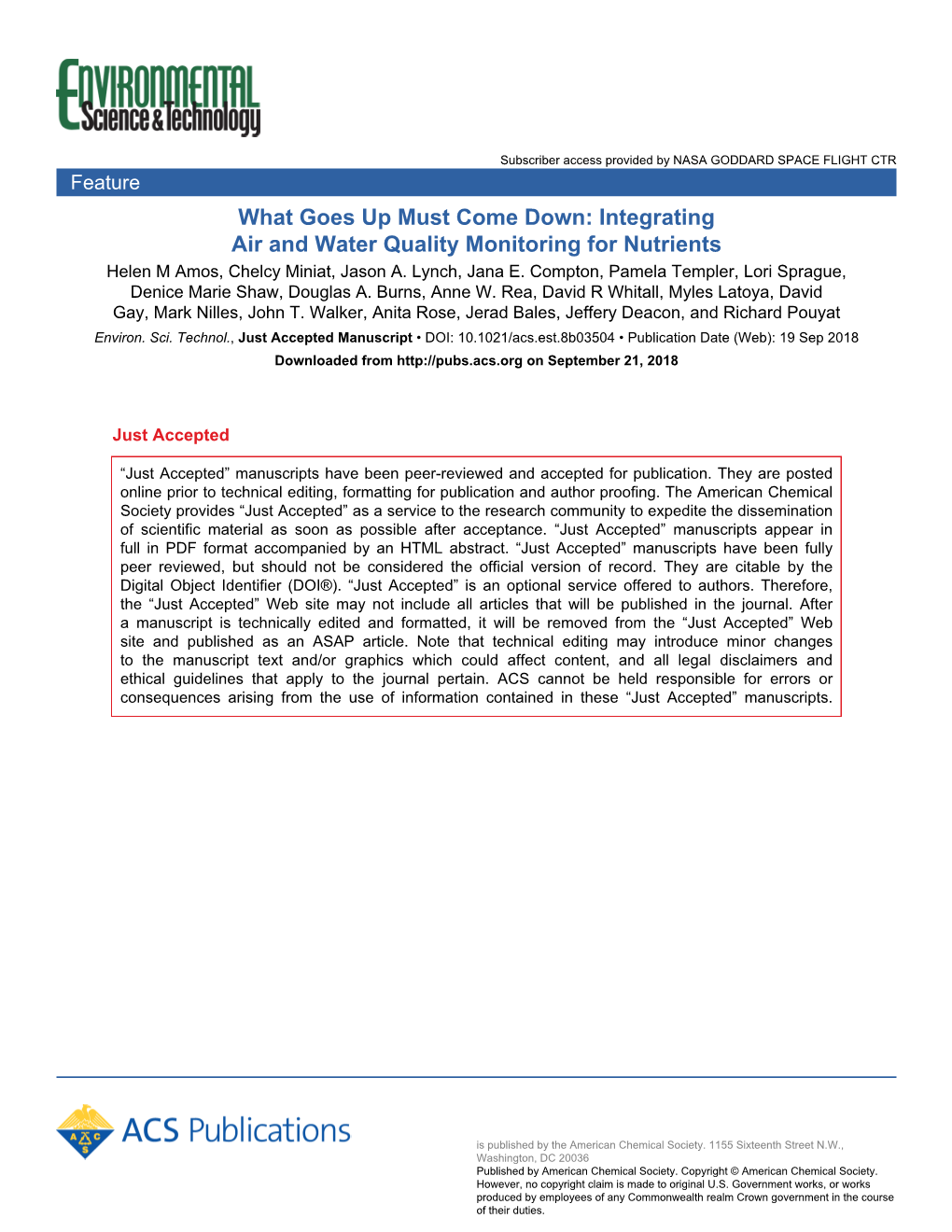 What Goes up Must Come Down: Integrating Air and Water Quality Monitoring for Nutrients Helen M Amos, Chelcy Miniat, Jason A