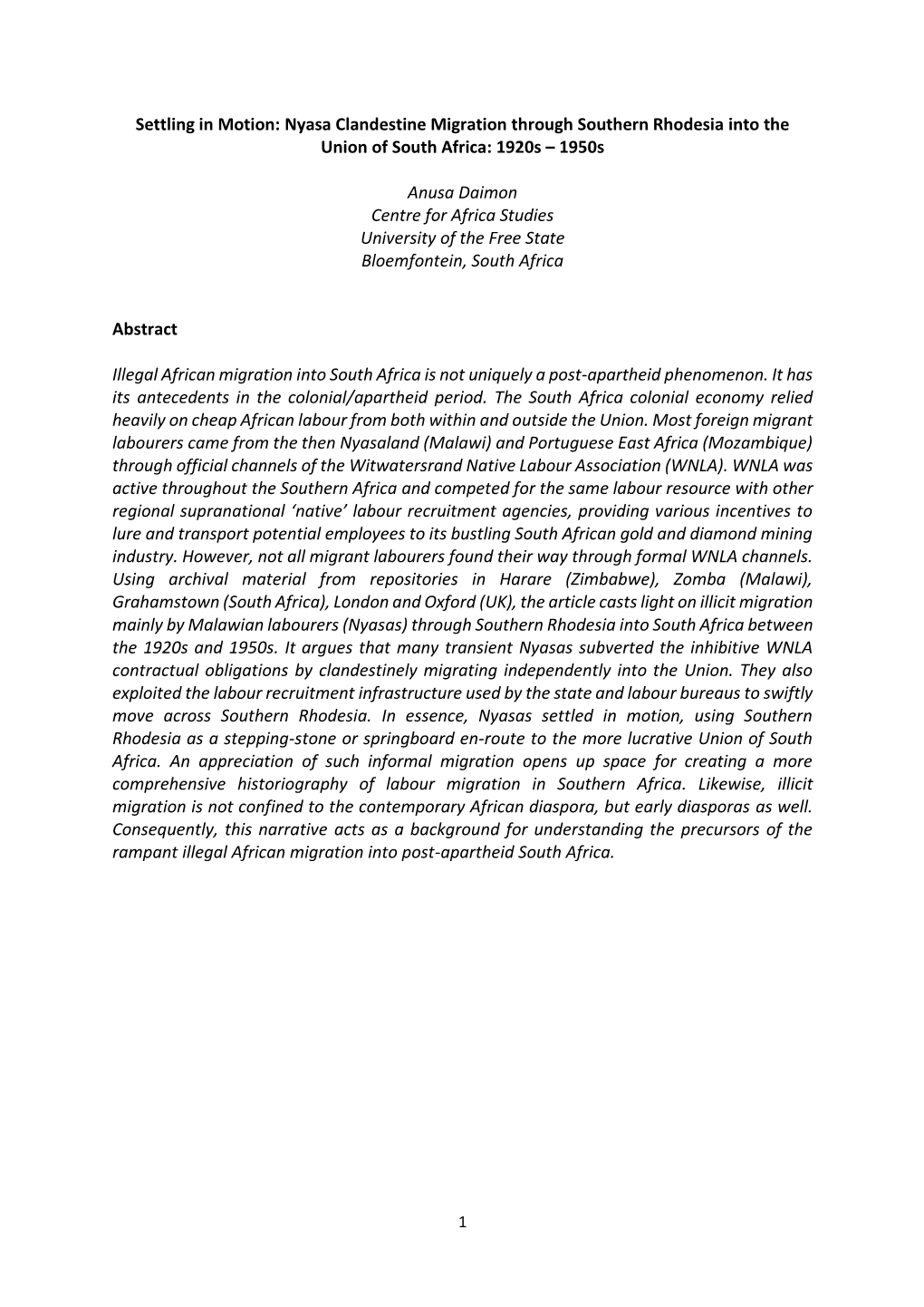 Nyasa Clandestine Migration Through Southern Rhodesia Into the Union of South Africa: 1920S – 1950S