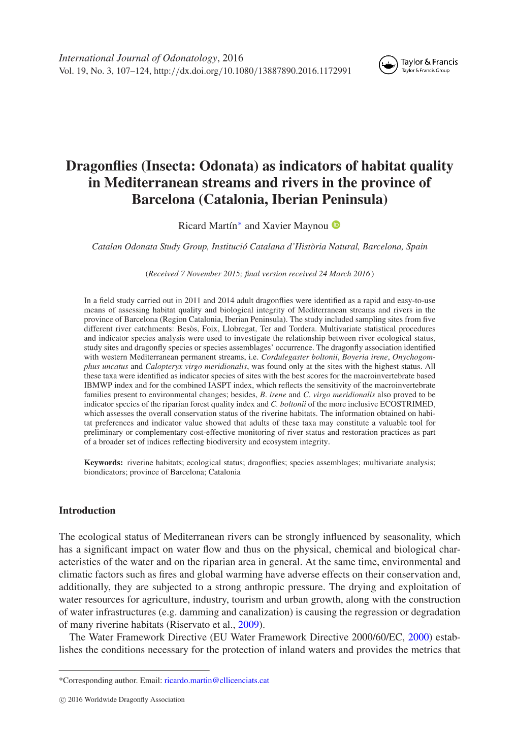 As Indicators of Habitat Quality in Mediterranean Streams and Rivers in the Province of Barcelona (Catalonia, Iberian Peninsula)