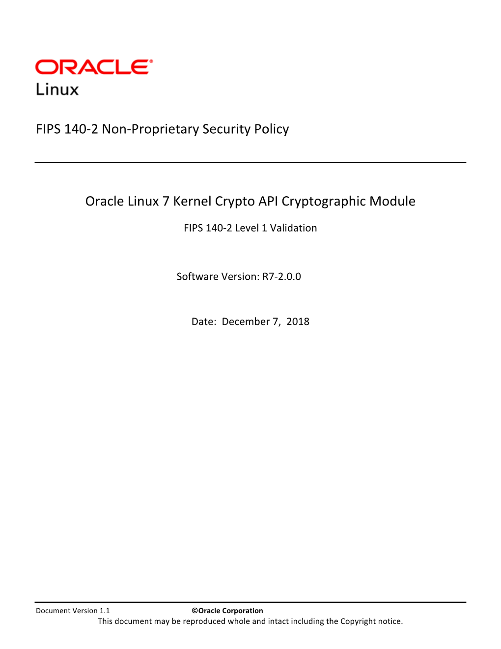 FIPS 140-2 Non-Proprietary Security Policy Oracle Linux 7 Kernel Crypto