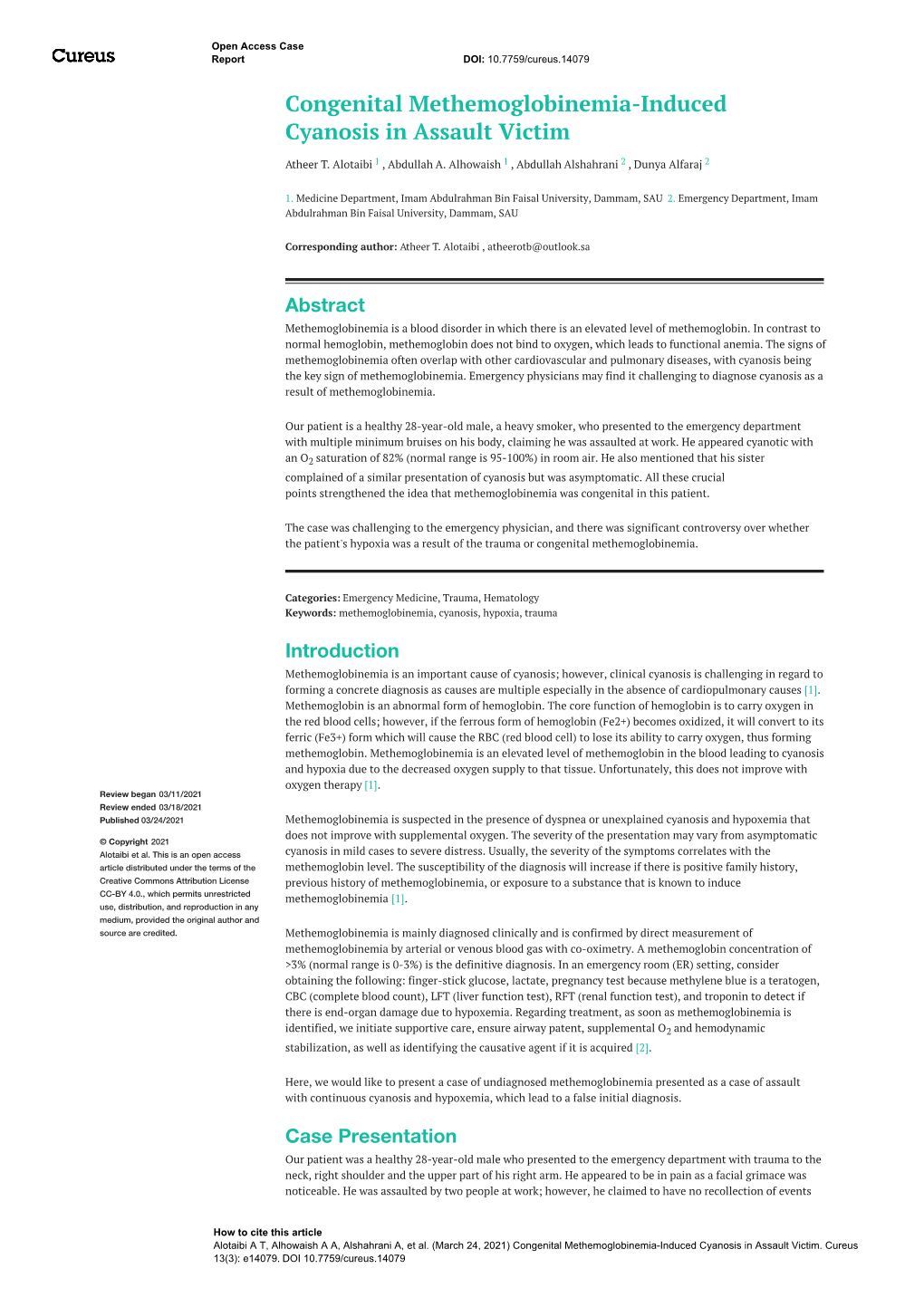 Congenital Methemoglobinemia-Induced Cyanosis in Assault Victim