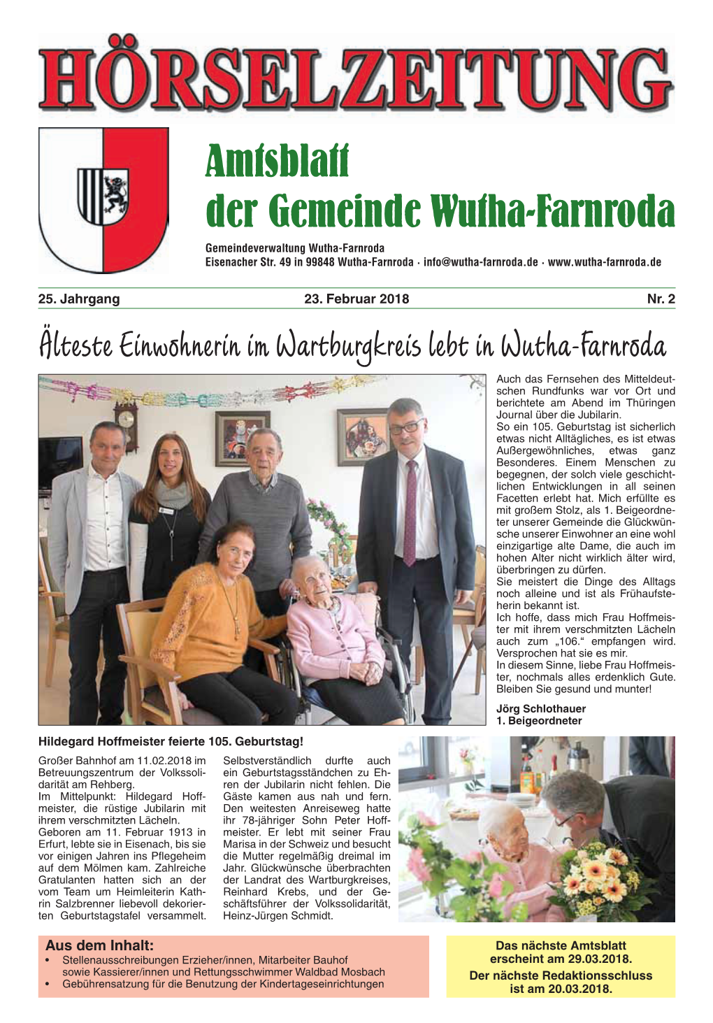 Amtsblatt Der Gemeinde Wutha-Farnroda Gemeindeverwaltung Wutha-Farnroda Eisenacher Str