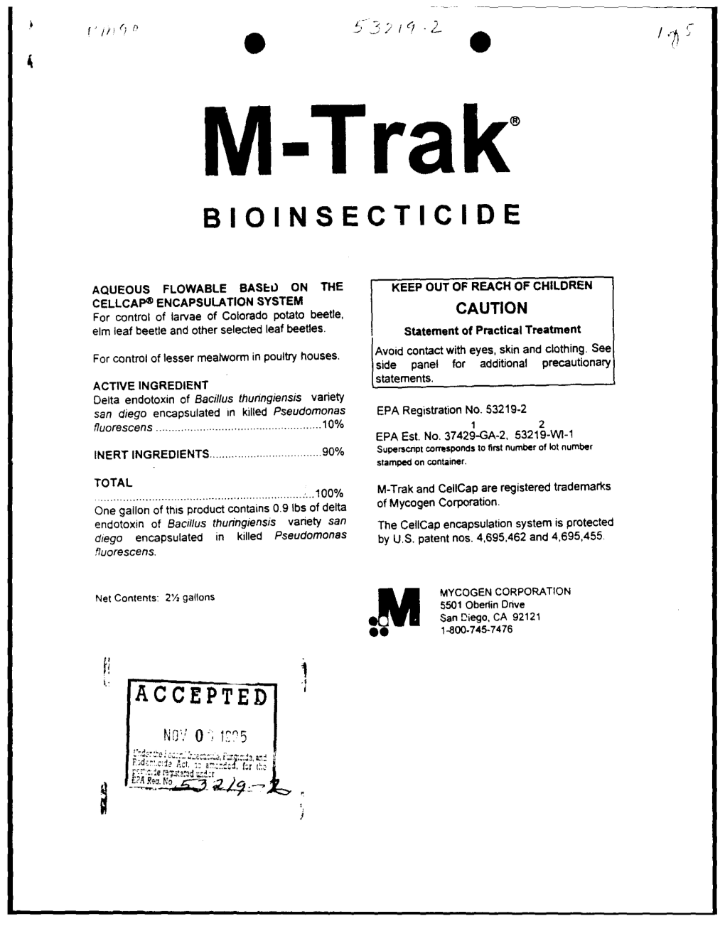 U.S. EPA, Pesticide Product Label, , 11/03/1995