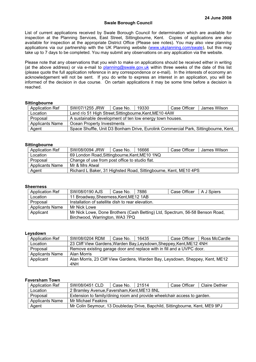 24 June 2008 Swale Borough Council List of Current Applications Received