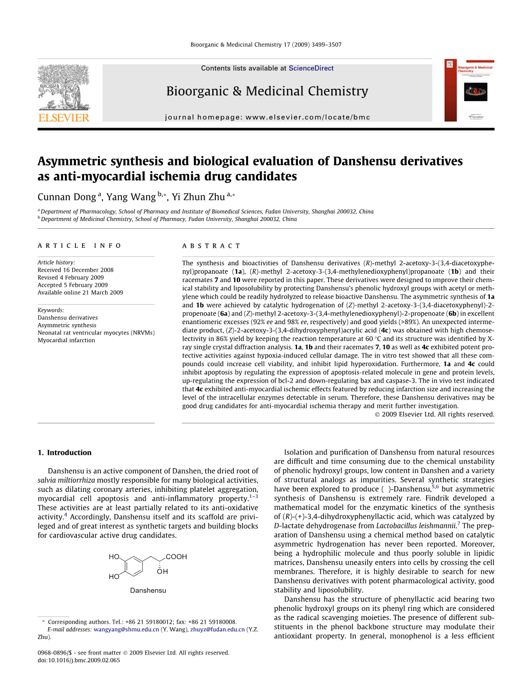 Asymmetric Synthesis and Biological Evaluation of Danshensu Derivatives As Anti-Myocardial Ischemia Drug Candidates