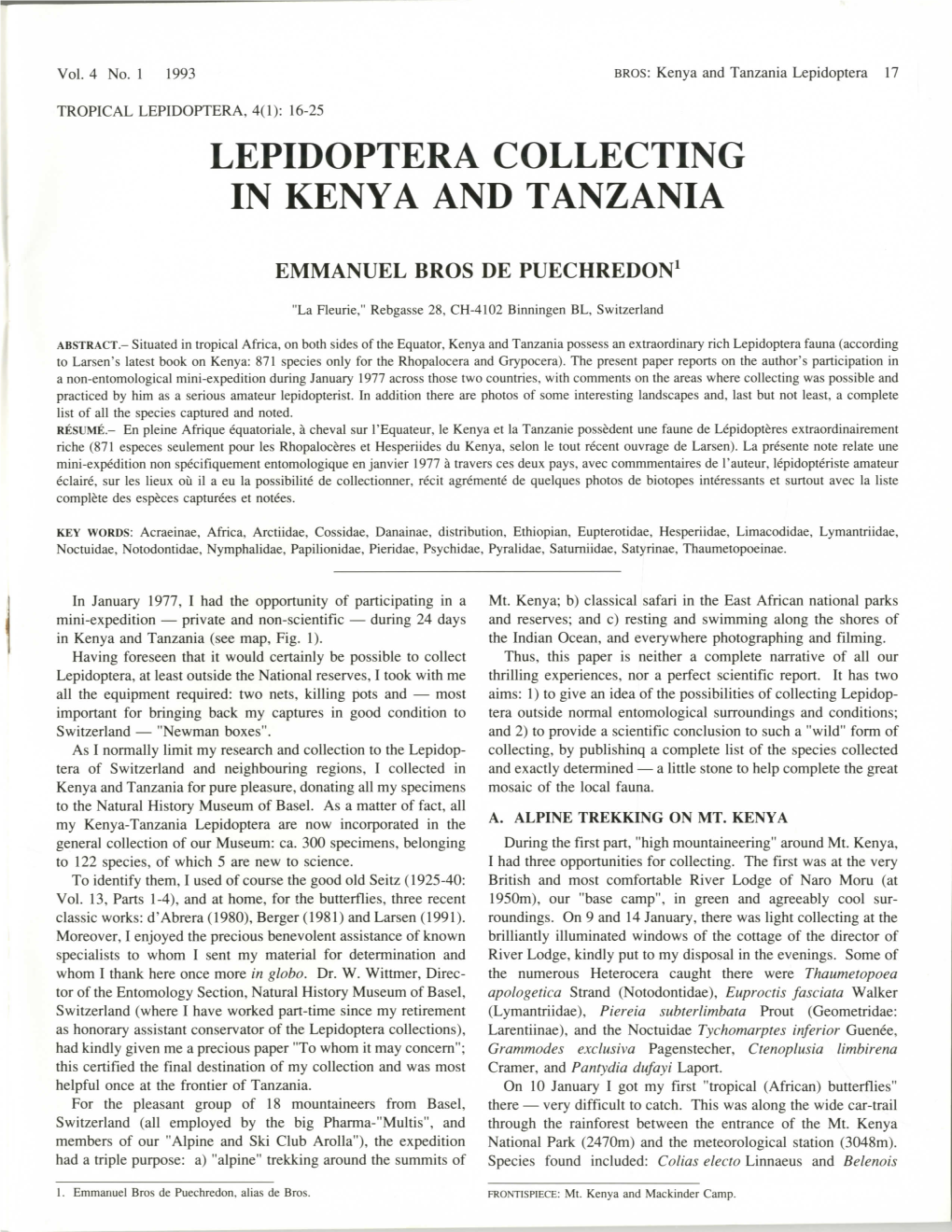 Lepidoptera Collecting in Kenya and Tanzania