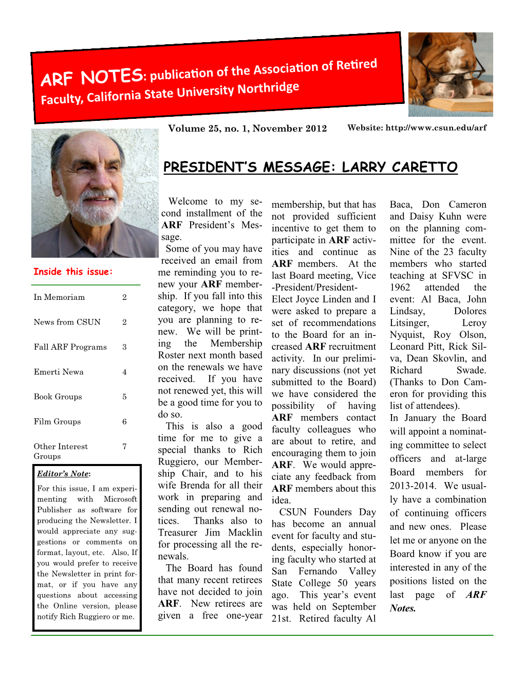 President's Message: Larry Caretto Arf Notes