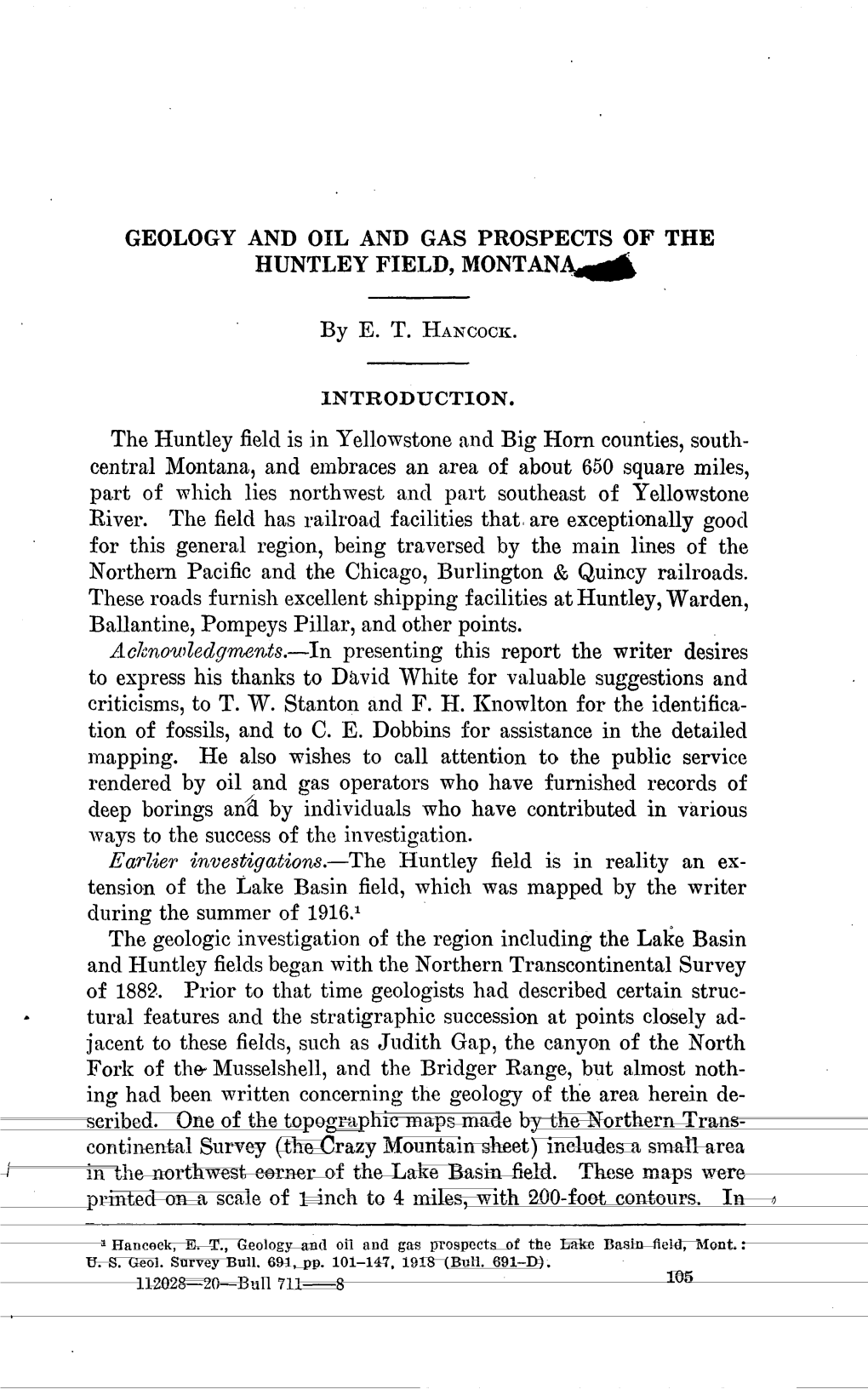 GEOLOGY and OIL and GAS PROSPECTS of the HUNTLEY FIELD, Montanj