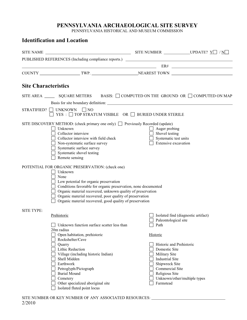 PENNSYLVANIA ARCHAEOLOGICAL SITE SURVEY Identification And