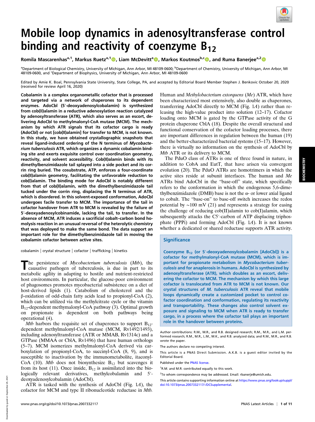 Mobile Loop Dynamics in Adenosyltransferase Control