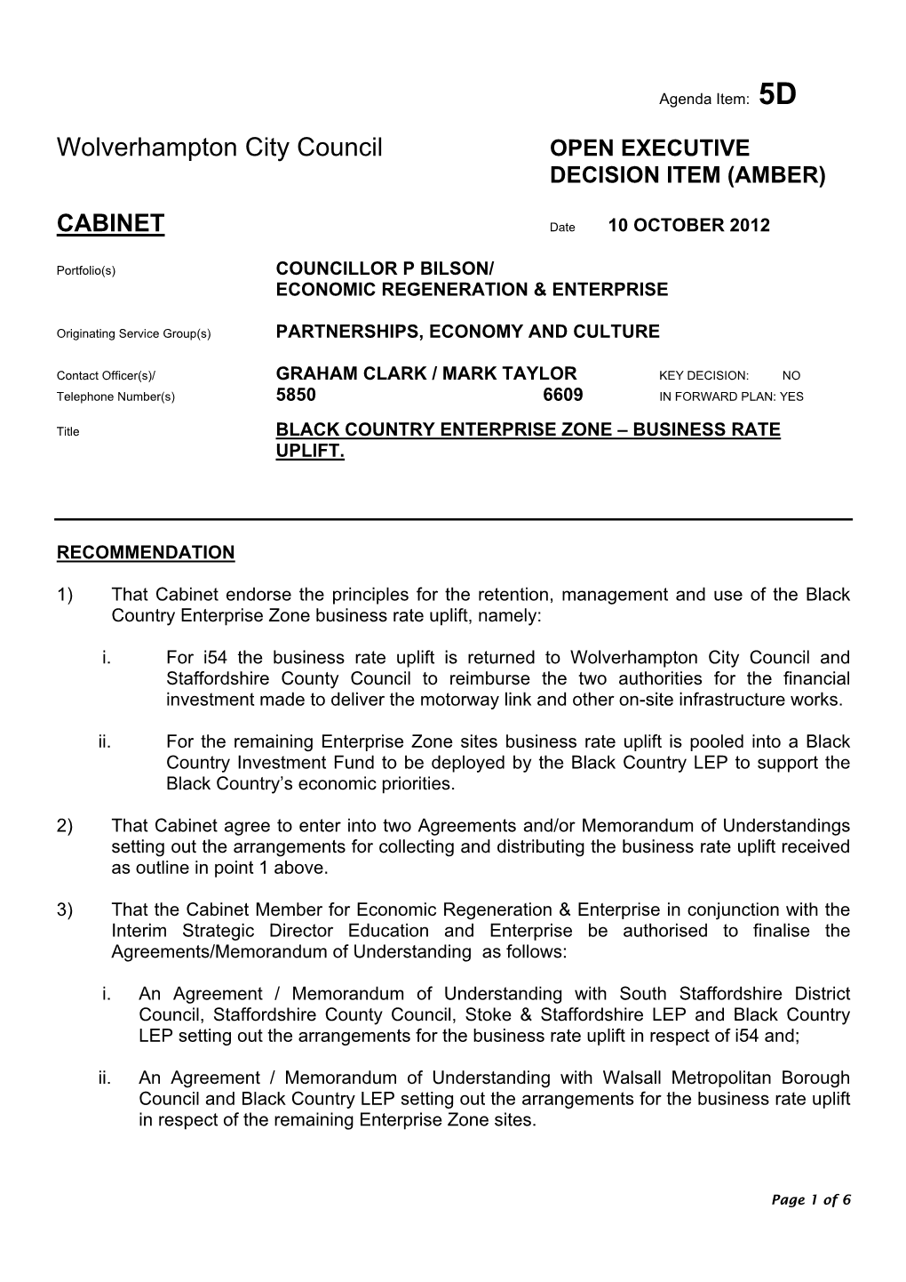 Wolverhampton City Council OPEN EXECUTIVE DECISION ITEM (AMBER)