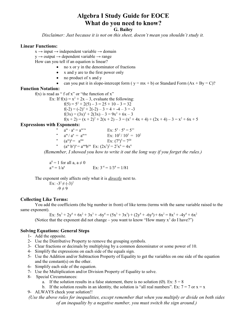 Algebra I Study Guide For EOCE