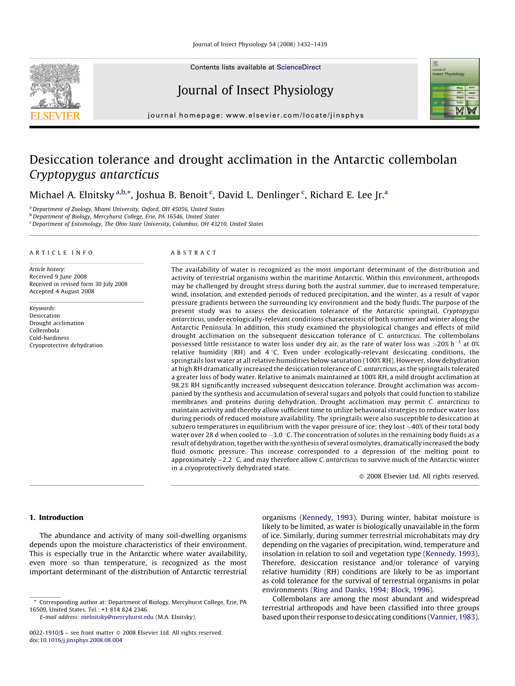 Desiccation Tolerance and Drought Acclimation in the Antarctic Collembolan Cryptopygus Antarcticus