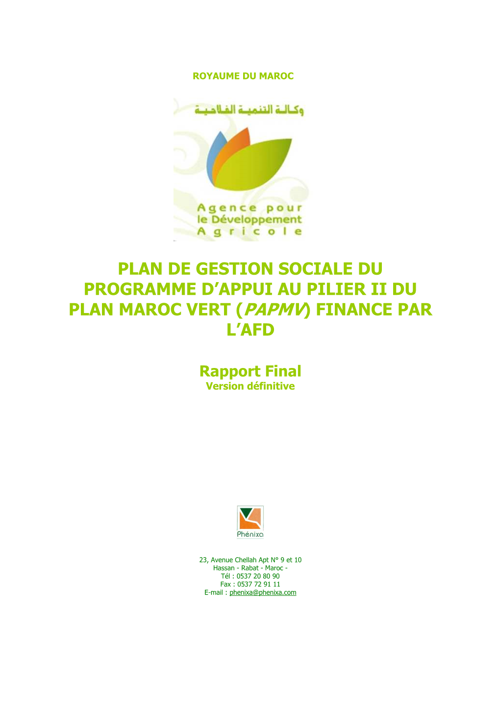 Plan De Gestion Sociale Du Programme D'appui Au Pilier Ii Du Plan Maroc Vert
