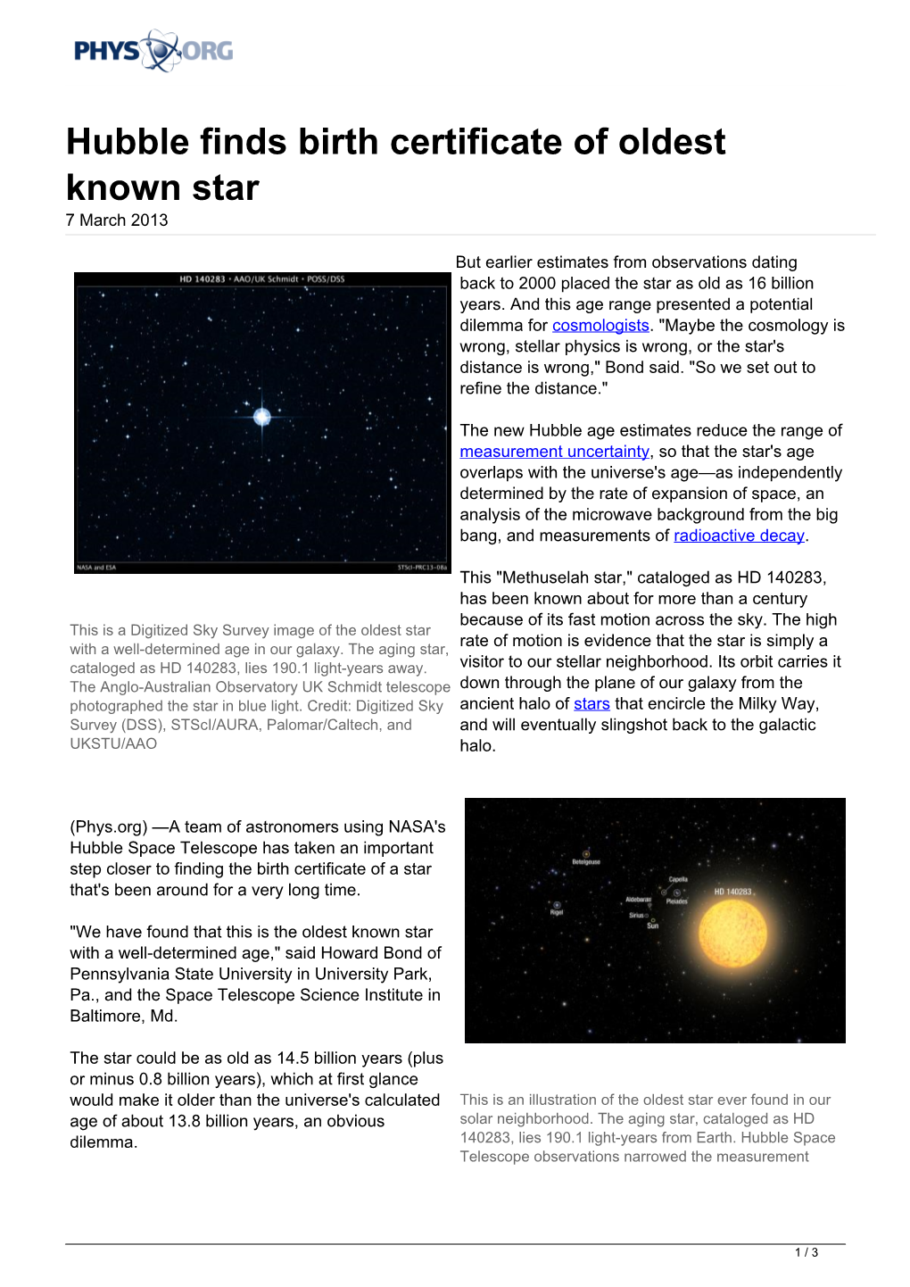 Hubble Finds Birth Certificate of Oldest Known Star 7 March 2013