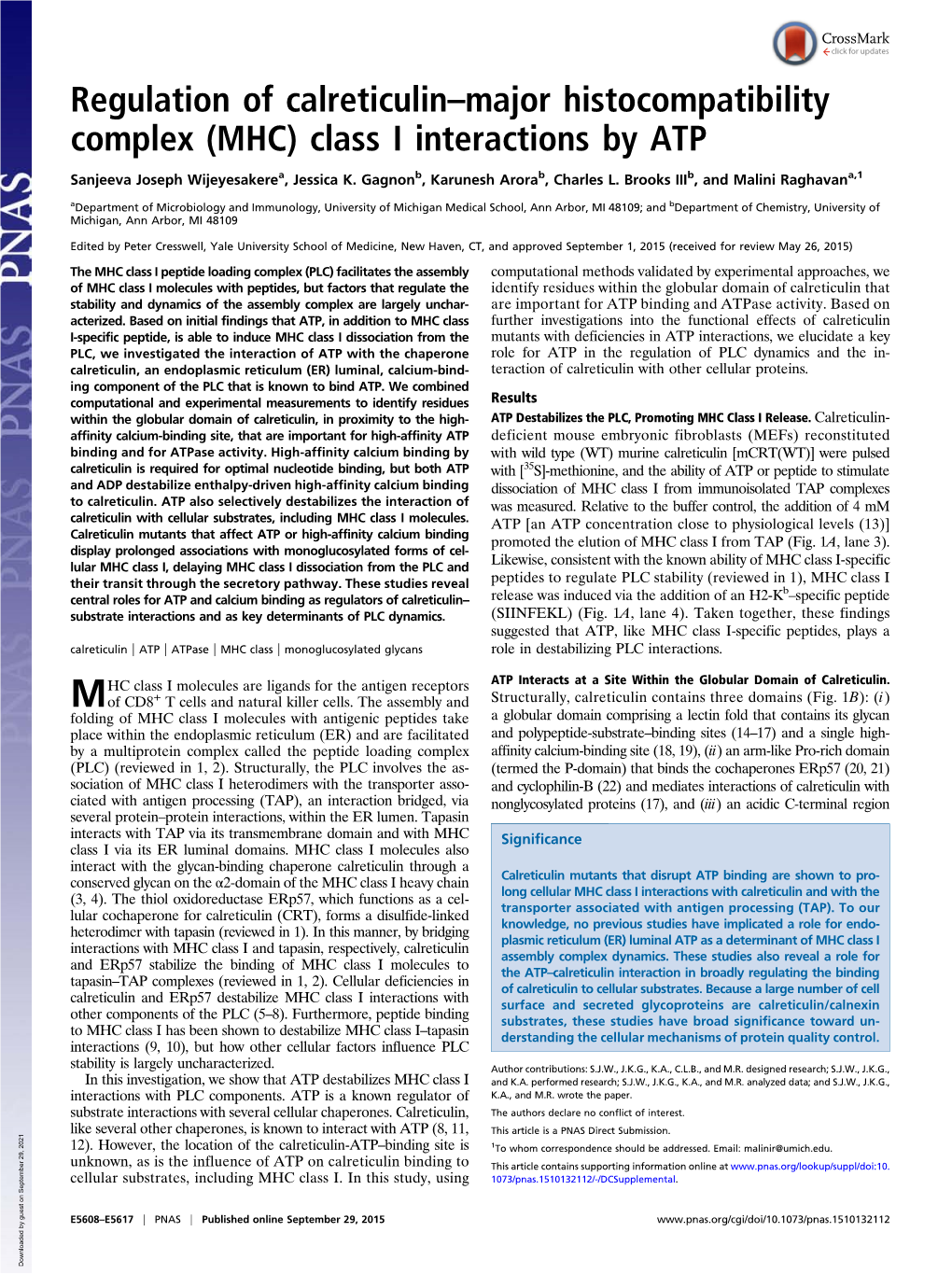 Regulation of Calreticulin–Major Histocompatibility Complex (MHC) Class I Interactions by ATP