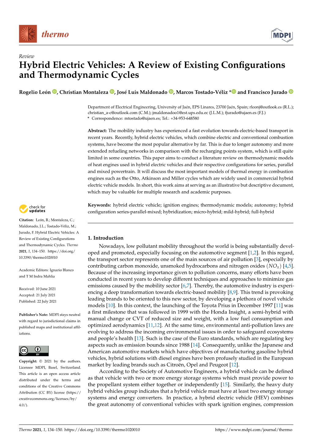 Hybrid Electric Vehicles: a Review of Existing Conﬁgurations and Thermodynamic Cycles