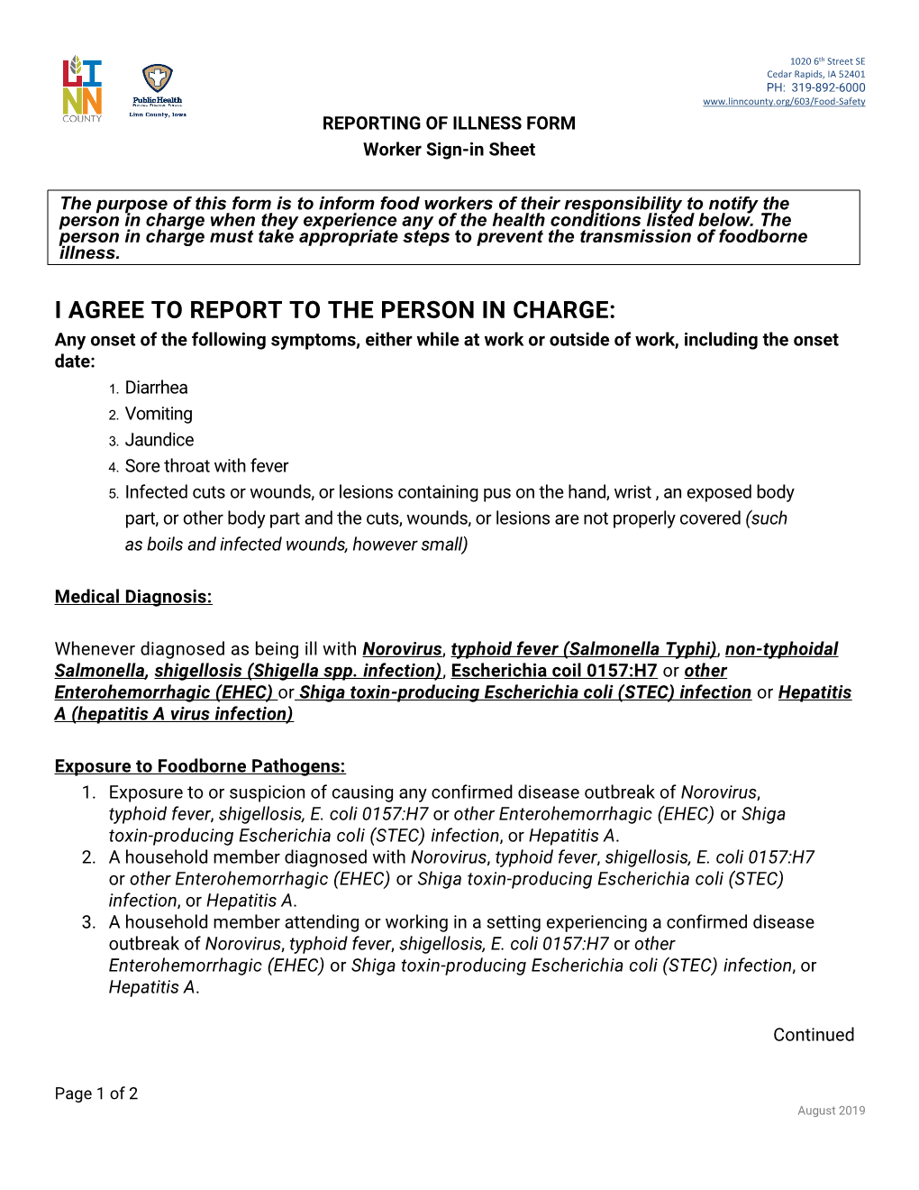 Illness Reporting Log for Temporary Events and Volunteers