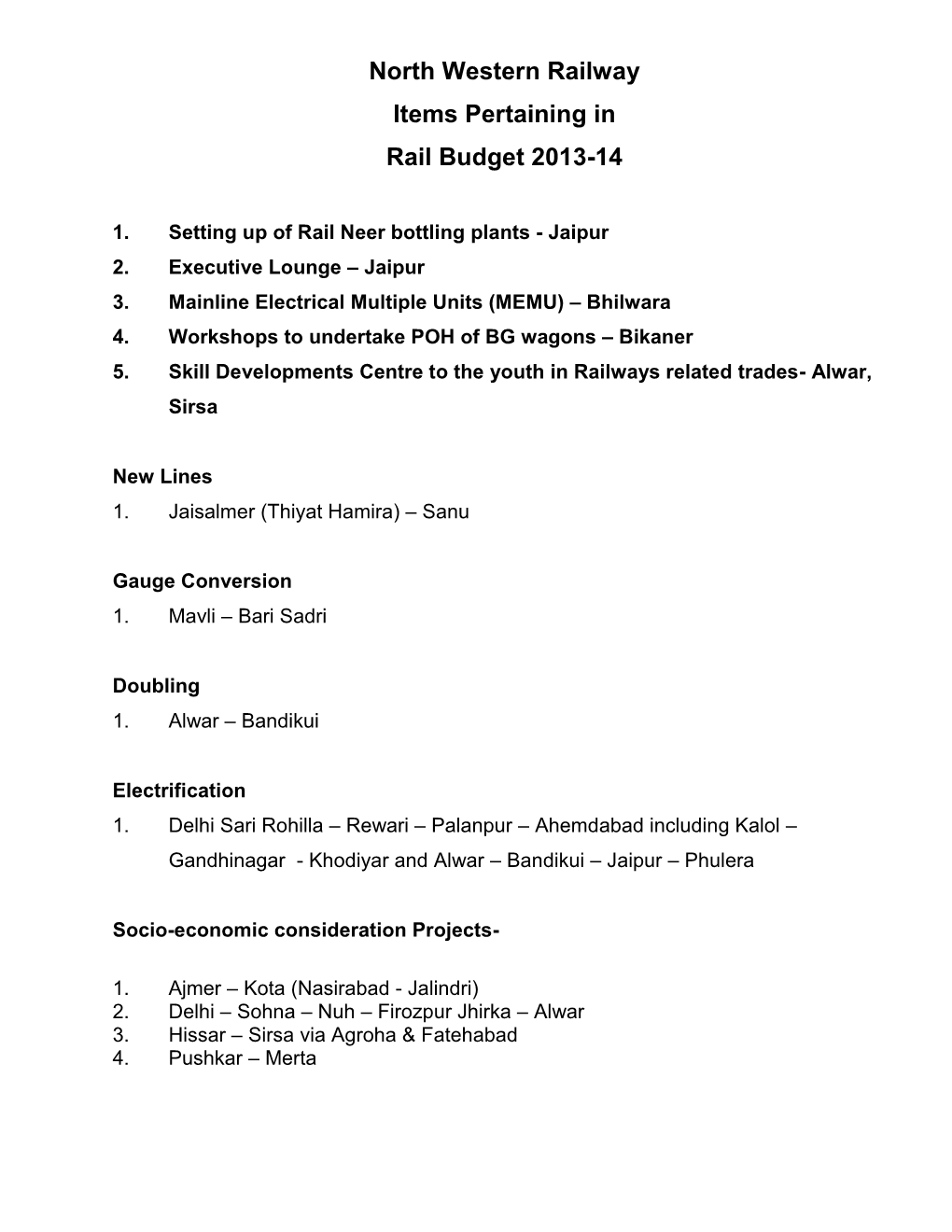 North Western Railway Items Pertaining in Rail Budget 2013-14