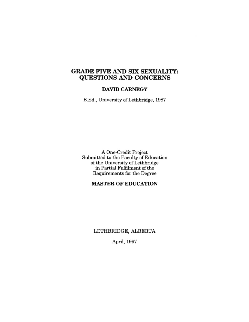 Grade Five and Six Sexuality: Questions and Concerns