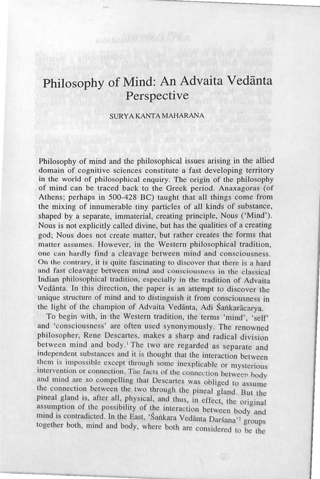 Philosophy of Mind: an Advaita Vedanta Perspective