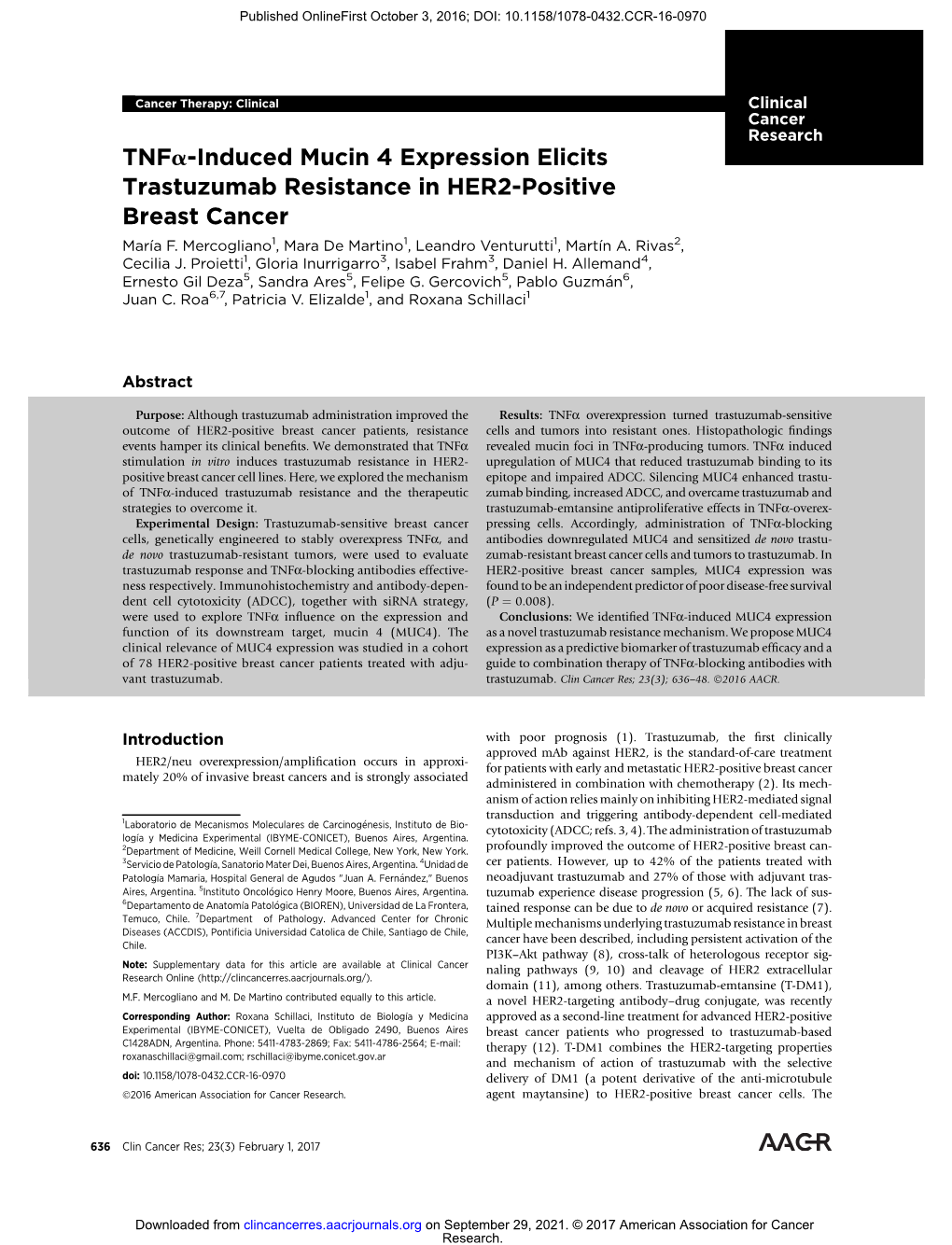 Tnfa-Induced Mucin 4 Expression Elicits Trastuzumab Resistance in HER2-Positive Breast Cancer María F