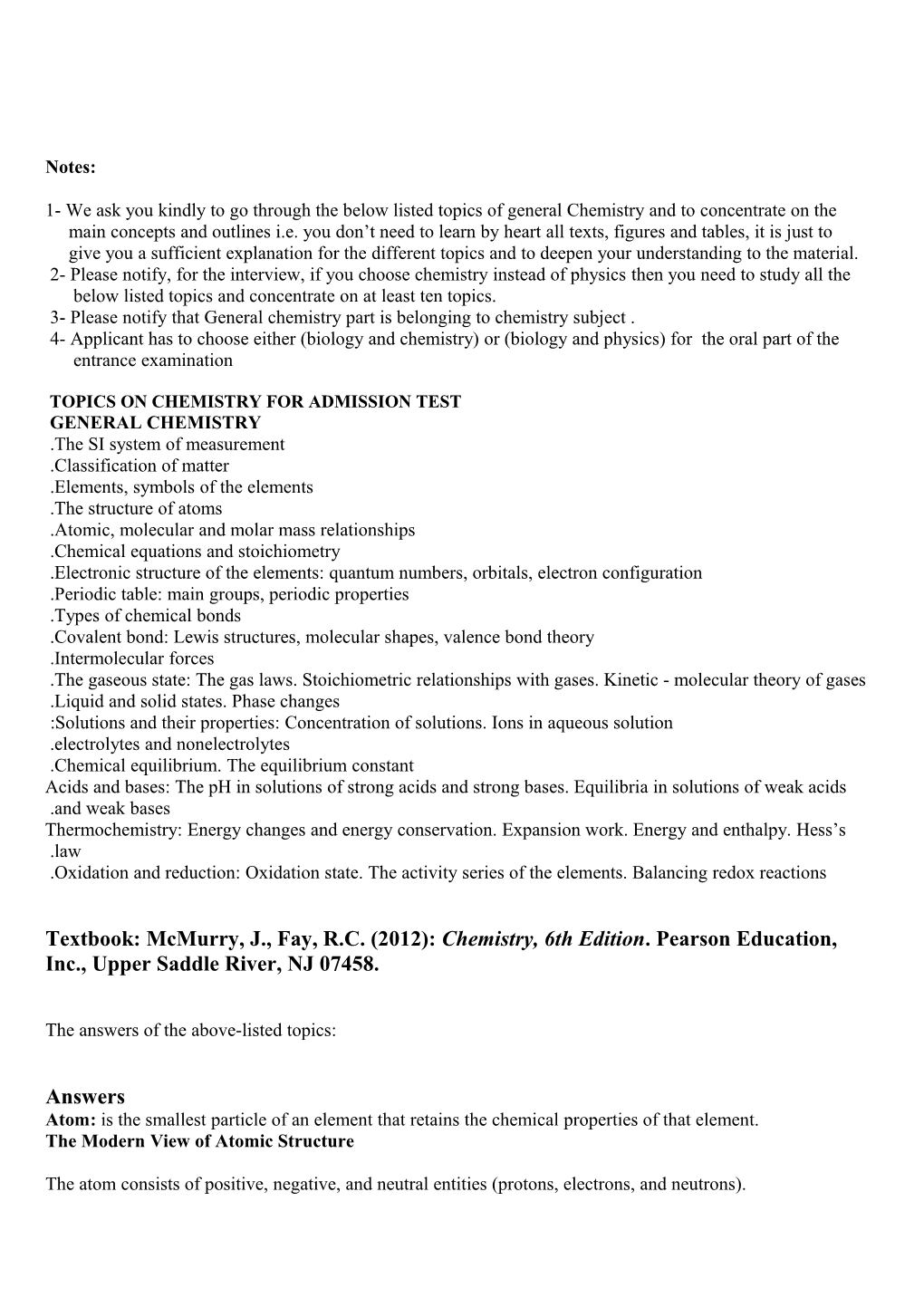 Topics on Chemistry for Admission Test