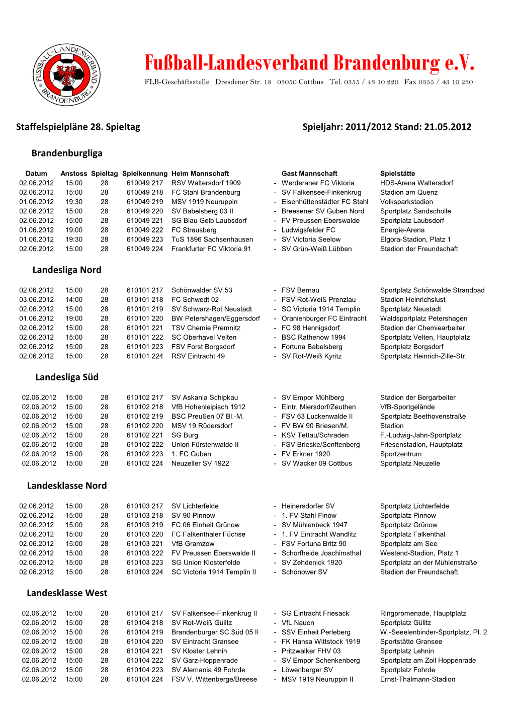 Staffelspielpläne 28. Spieltag Landesspielklassen FLB