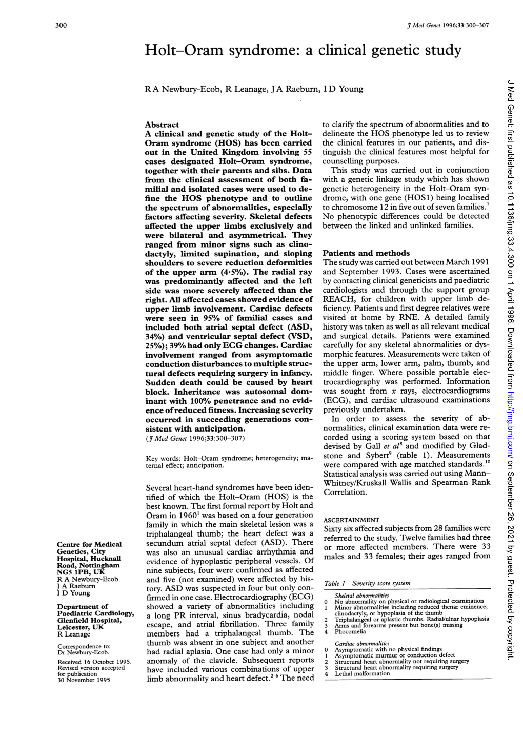 Holt-Oram Syndrome: a Clinical Genetic Study J Med Genet: First Published As 10.1136/Jmg.33.4.300 on 1 April 1996