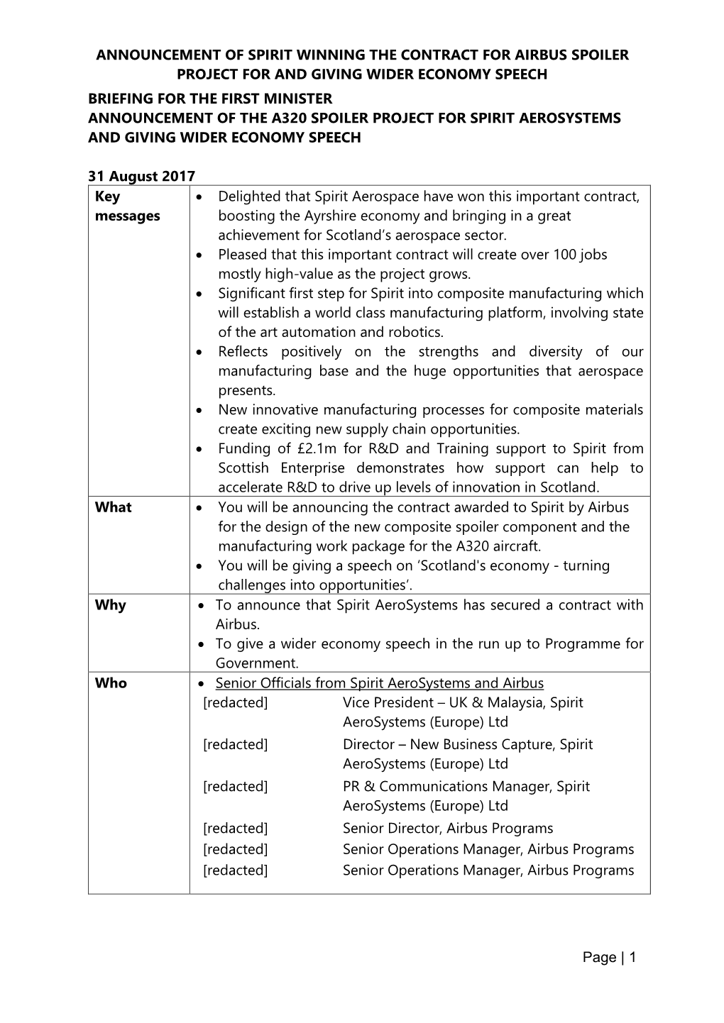 ANNOUNCEMENT of SPIRIT WINNING the CONTRACT for AIRBUS SPOILER PROJECT for and GIVING WIDER ECONOMY SPEECH Page | 1 BRIEFING FO