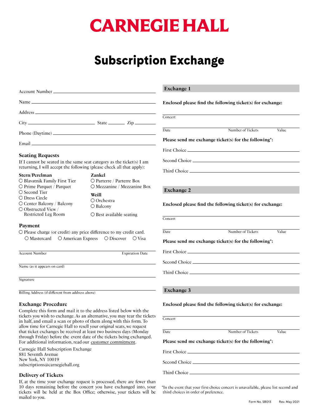 Carnegie Hall Subscription Exchange Form