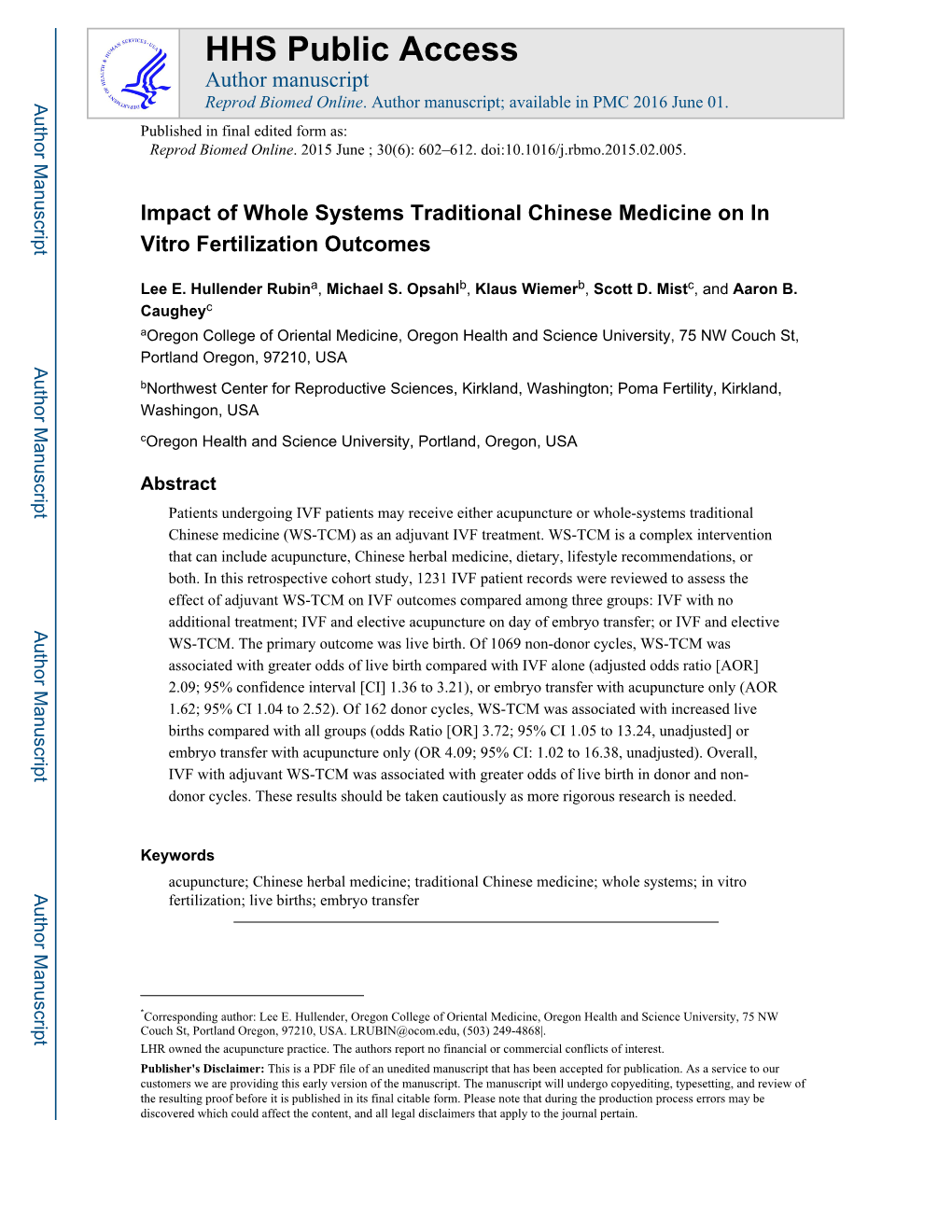 Impact of Whole Systems Traditional Chinese Medicine on in Vitro Fertilization Outcomes