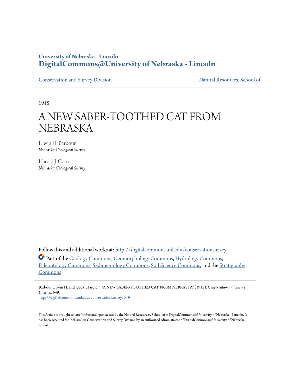 A NEW SABER-TOOTHED CAT from NEBRASKA Erwin H