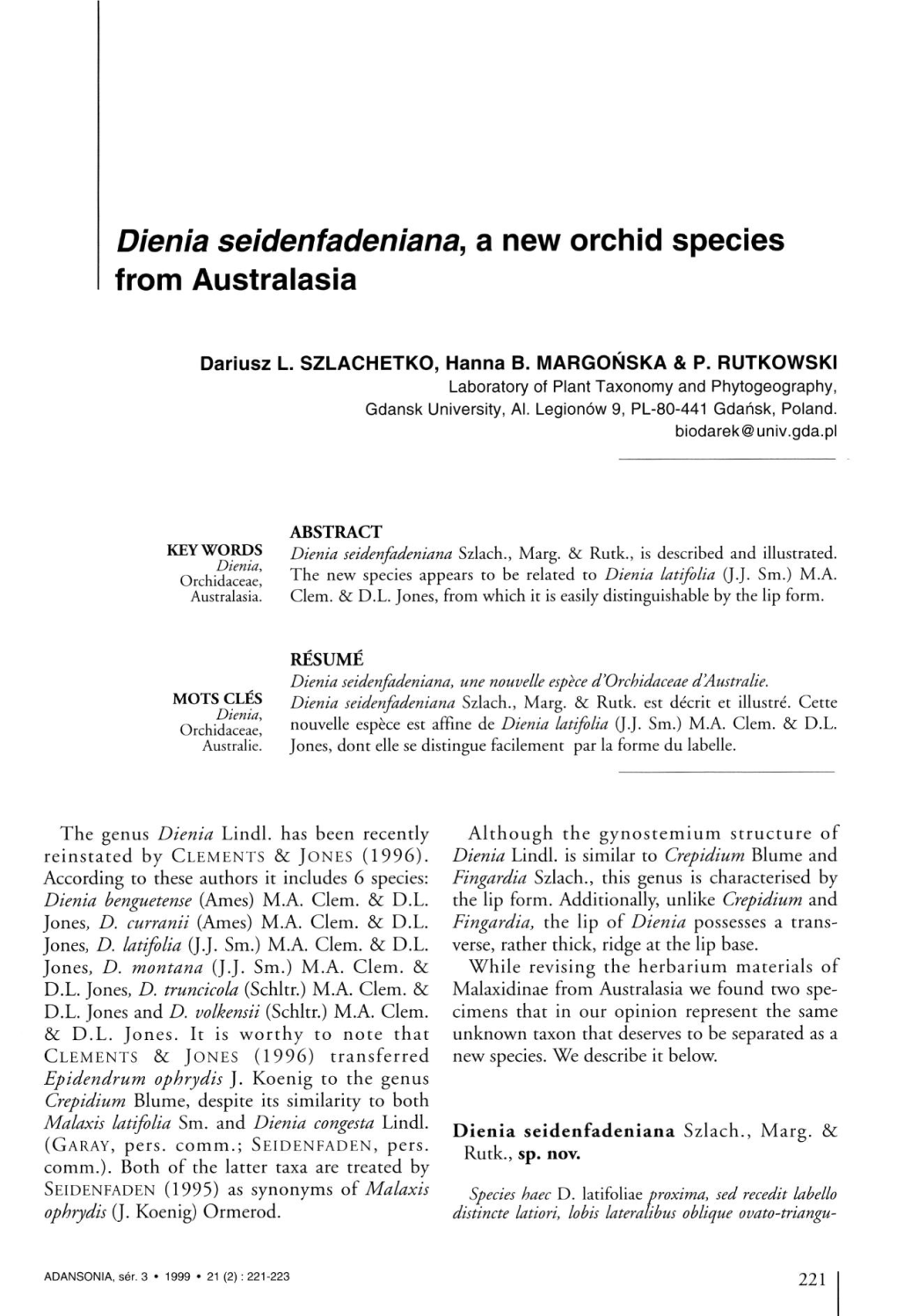 Dienia Seidenfadeniana, a New Orchid Species from Australasia