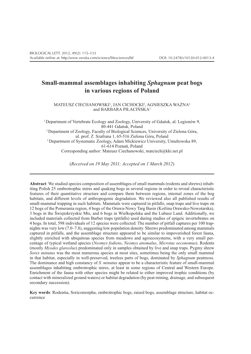 Small-Mammal Assemblages Inhabiting Sphagnum Peat Bogs in Various Regions of Poland