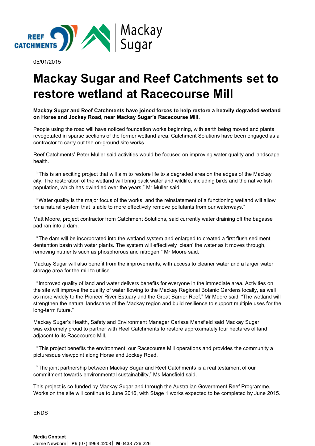 Mackay Sugar and Reef Catchments Set to Restore Wetland at Racecourse Mill