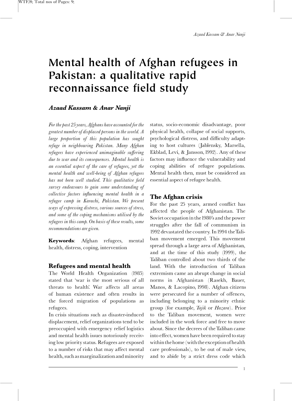 Mental Health of Afghan Refugees in Pakistan: a Qualitative Rapid Reconnaissance Field Study