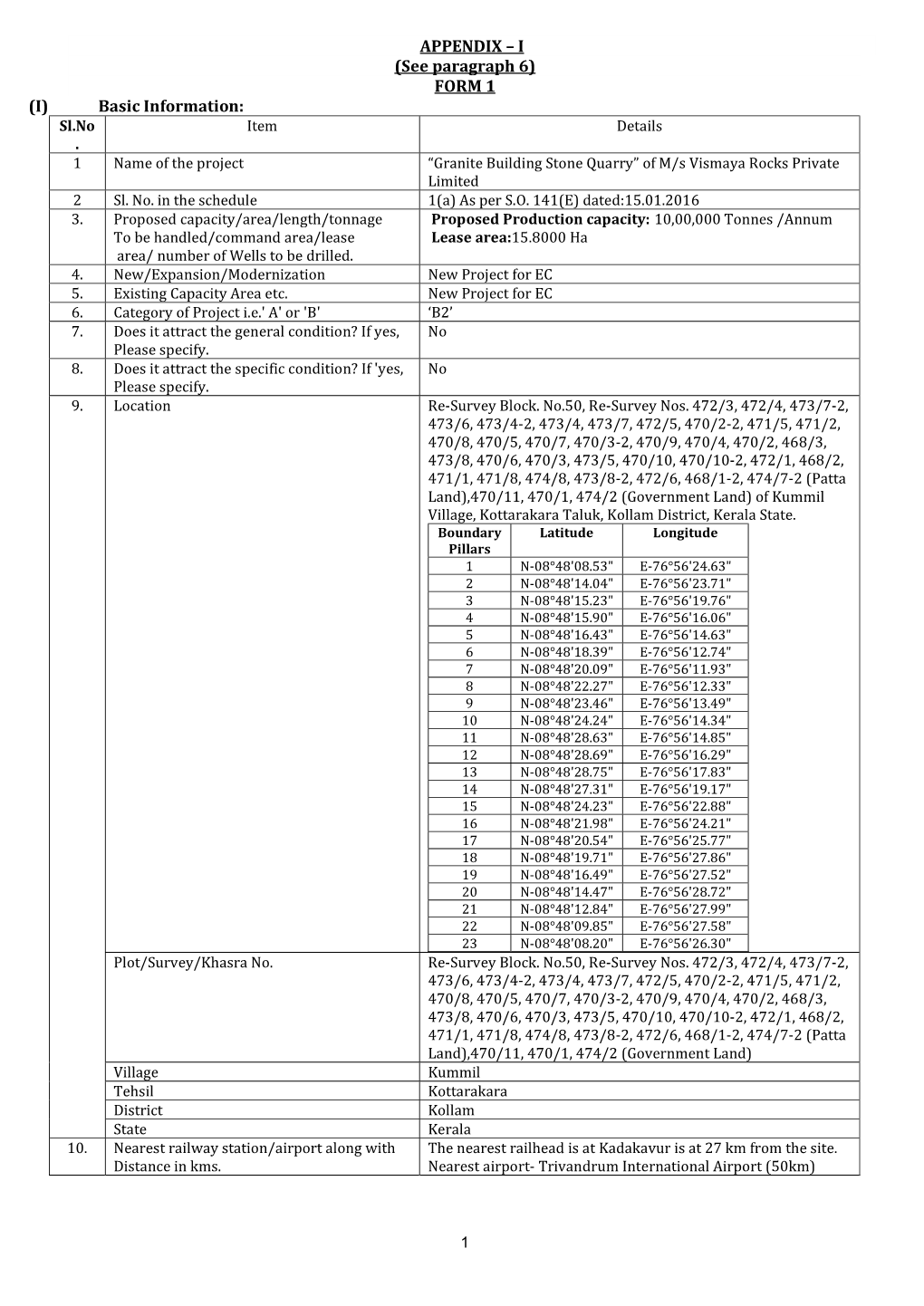 FORM 1 (I) Basic Information: Sl.No Item Details