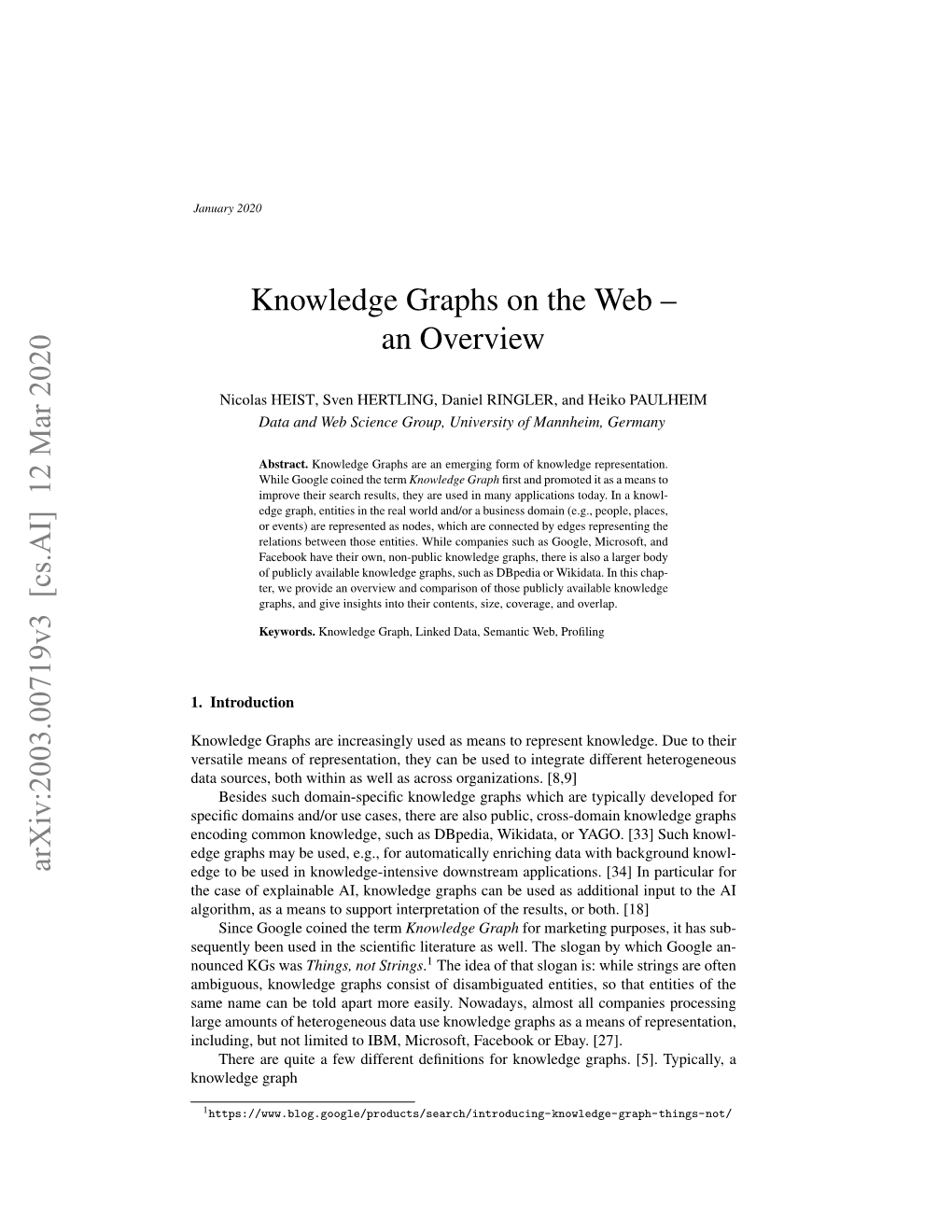 Knowledge Graphs on the Web – an Overview Arxiv:2003.00719V3 [Cs