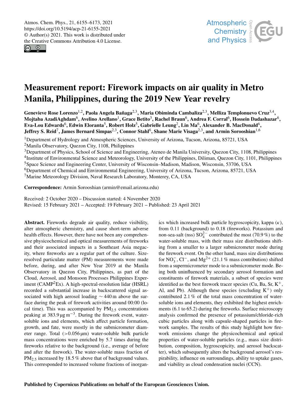 Article Hygroscopicity, Kappa (Κ), Alter Atmospheric Chemistry, and Cause Short-Term Adverse from 0.11 (Background) to 0.18 (ﬁreworks)