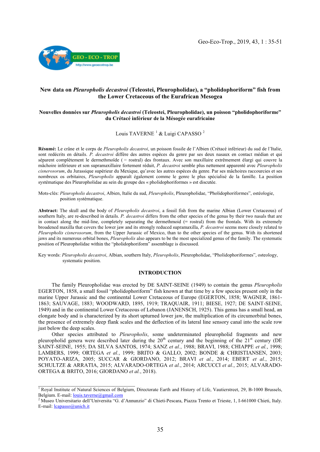 35-51 New Data on Pleuropholis Decastroi (Teleostei, Pleuropholidae)