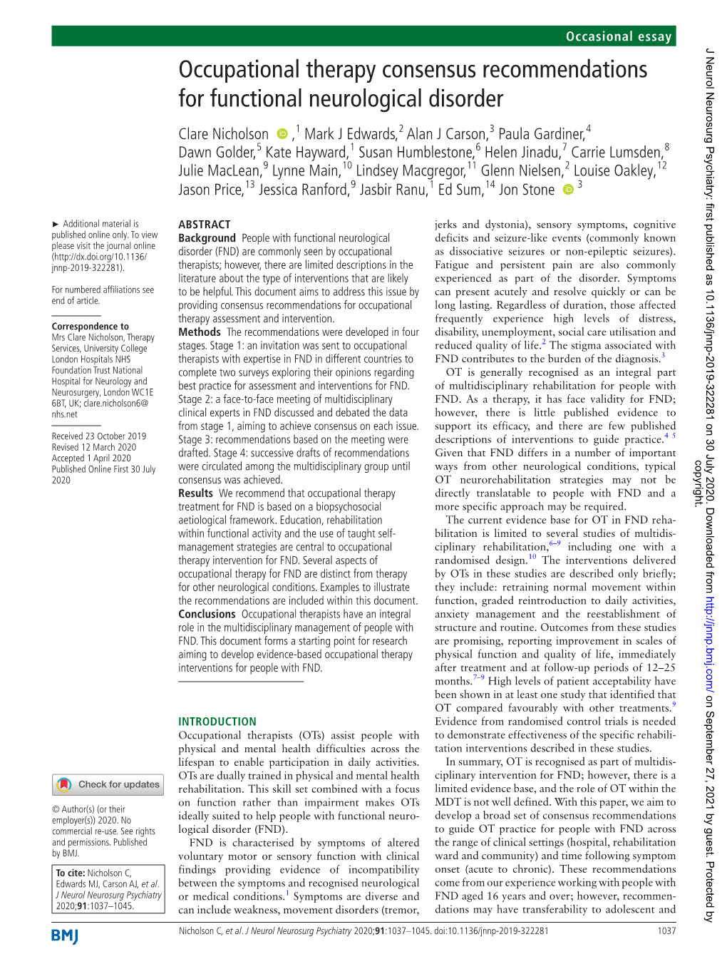 Occupational Therapy Consensus Recommendations for Functional Neurological Disorder