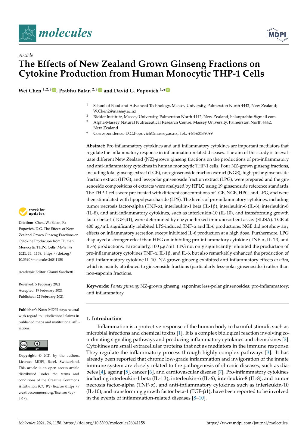 The Effects of New Zealand Grown Ginseng Fractions on Cytokine Production from Human Monocytic THP-1 Cells