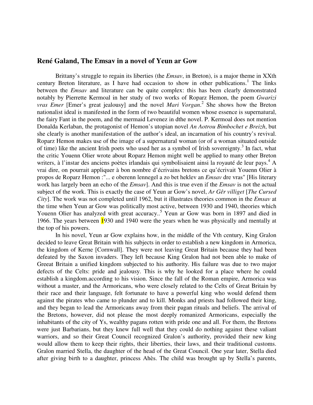 René Galand, the Emsav in a Novel of Yeun Ar Gow