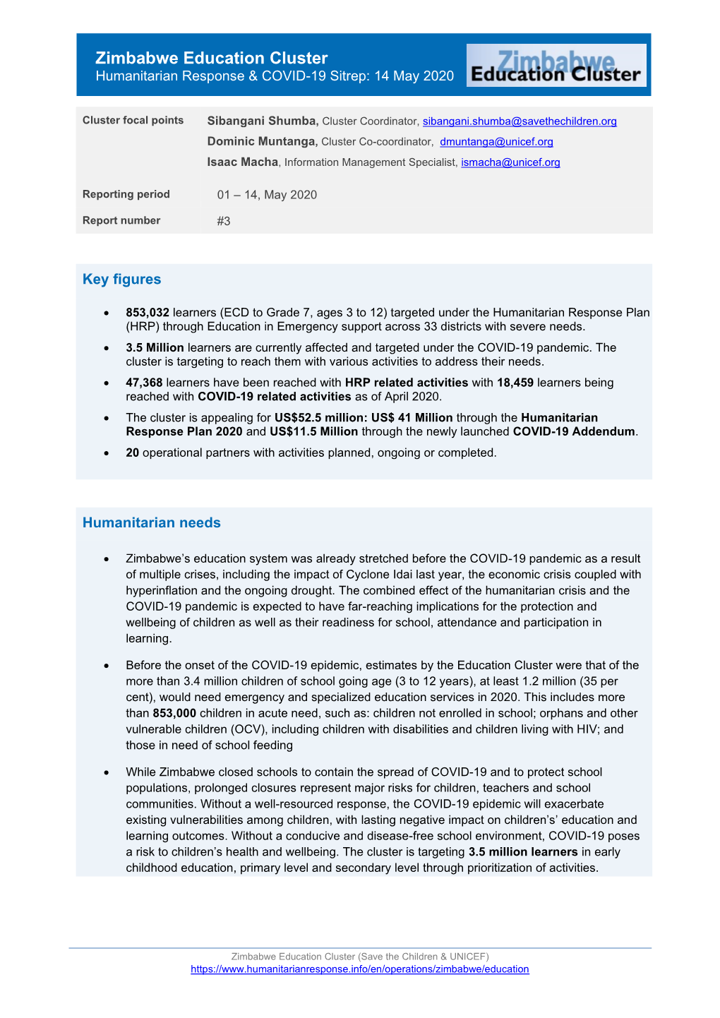 Zimbabwe Education Cluster Humanitarian Response & COVID-19 Sitrep: 14 May 2020