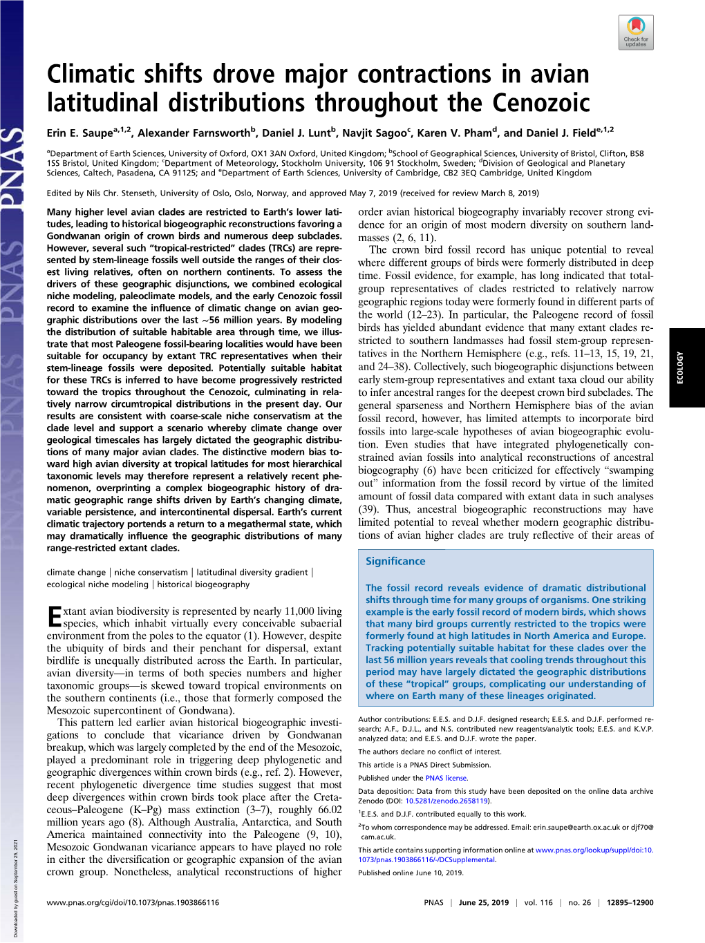 Climatic Shifts Drove Major Contractions in Avian Latitudinal Distributions Throughout the Cenozoic