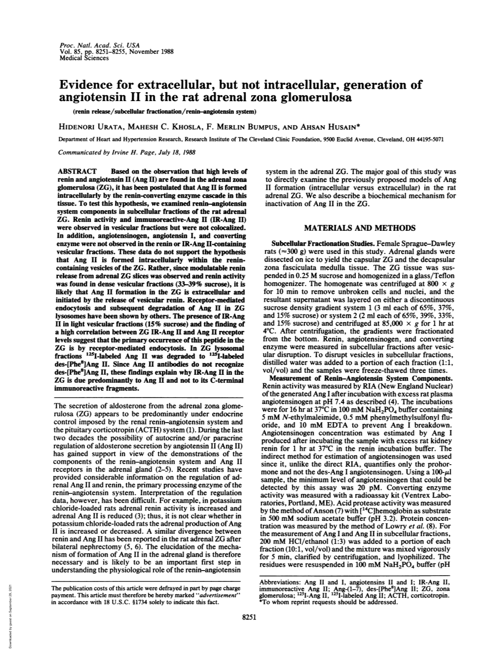 Angiotensin II in the Rat Adrenal Zona Glomerulosa (Renin Release/Subceilular Fractionation/Renin-Angiotensin System) HIDENORI URATA, MAHESH C
