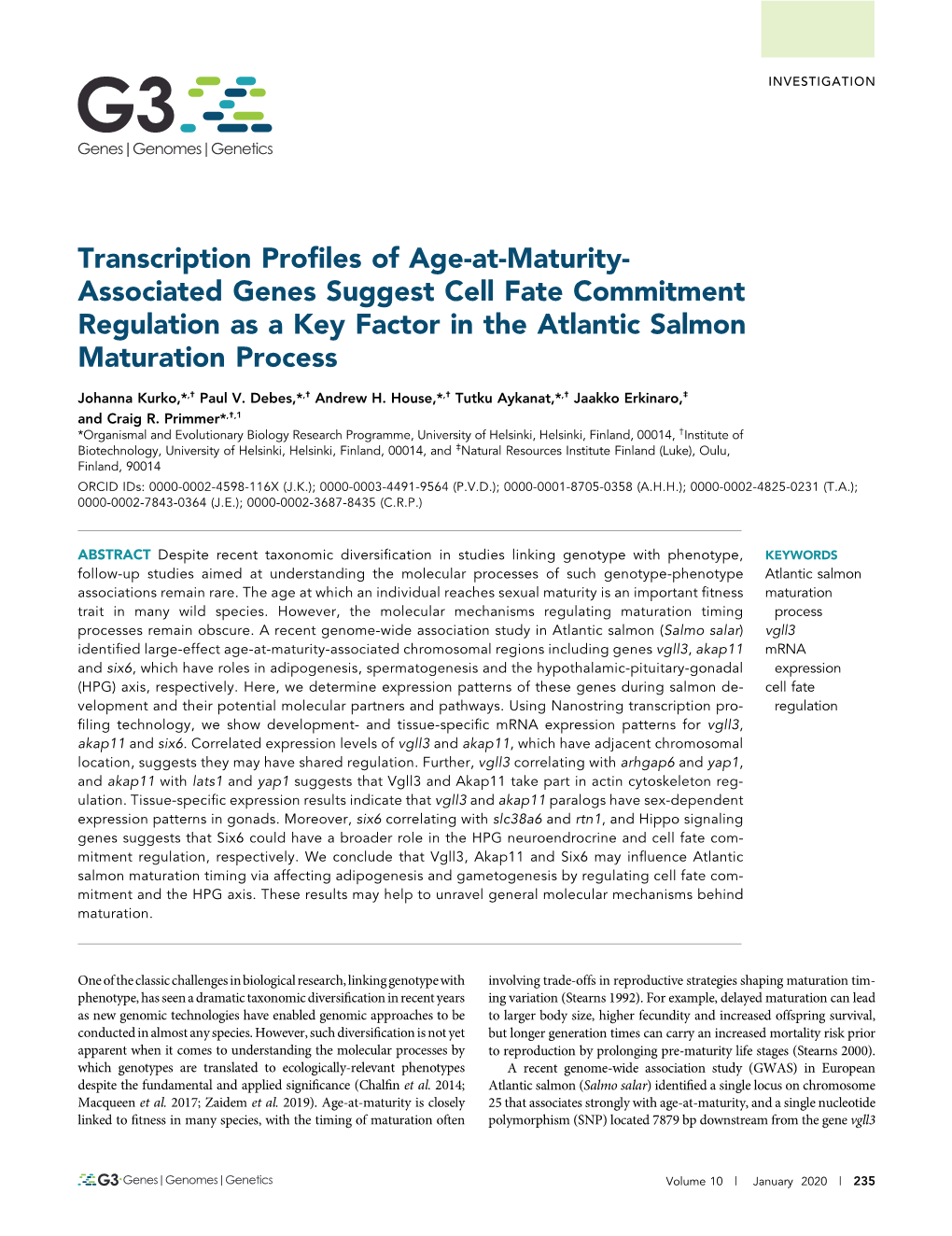 Transcription Profiles of Age-At-Maturity-Associated Genes Suggest Cell Fate Commitment Regulation As a Key Factor in the Atlant