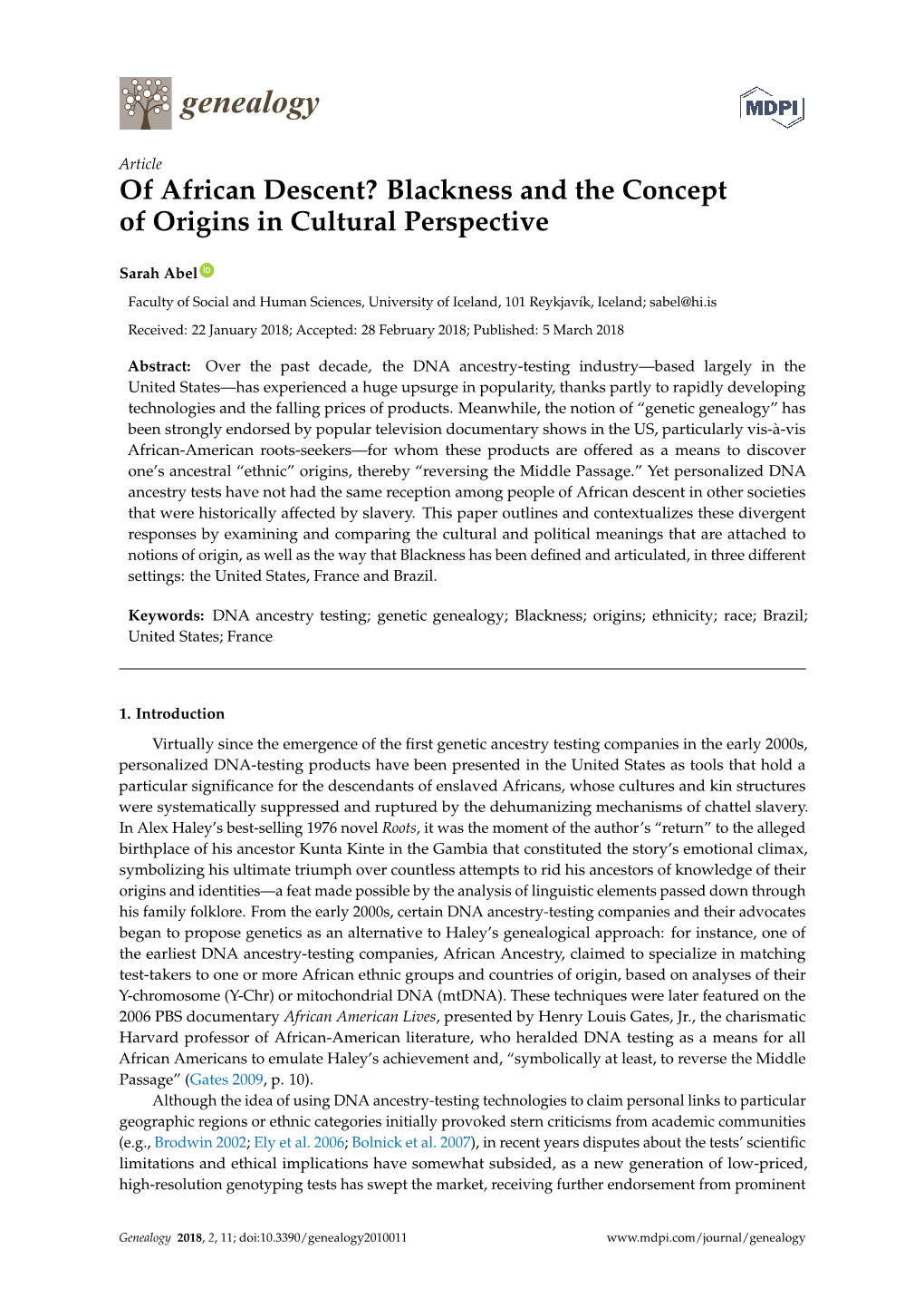 Of African Descent? Blackness and the Concept of Origins in Cultural Perspective