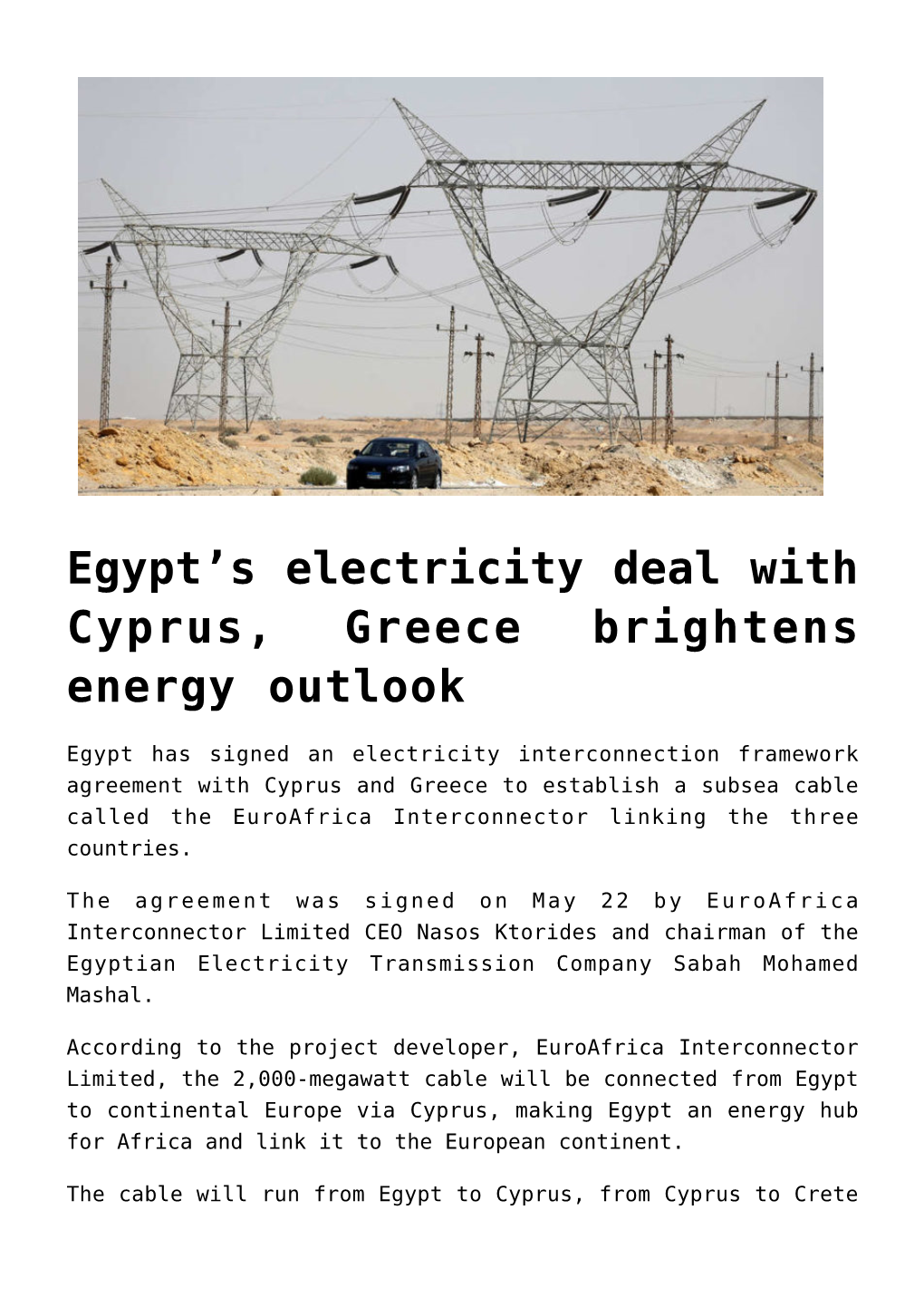 Egypt's Electricity Deal with Cyprus, Greece
